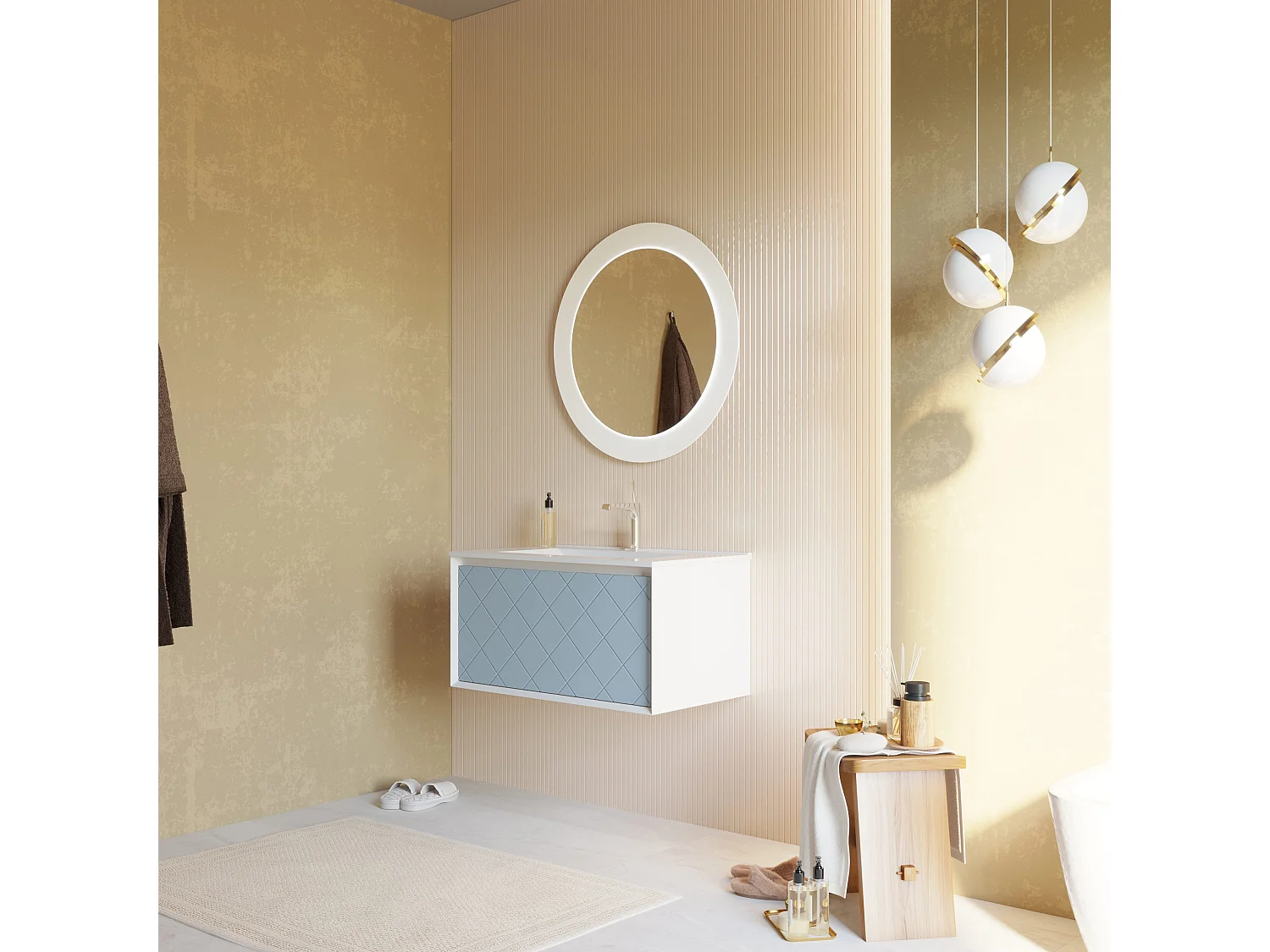 Meuble De Salle De Bain 80 Cm Bleu Clair Mat Avec Lavabo Et Miroir Rond 75 Cm | Miami
