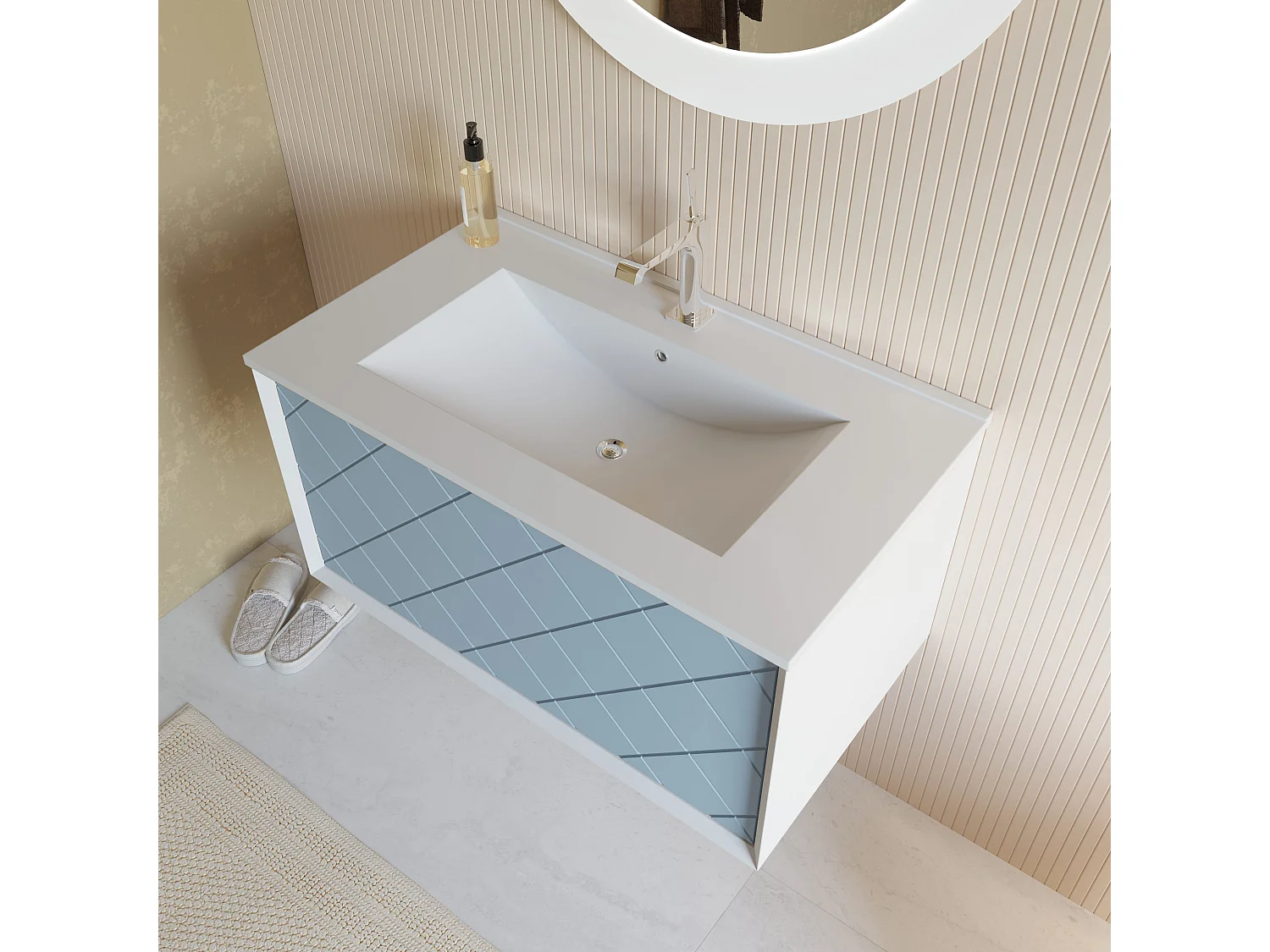 Meuble De Salle De Bain 80 Cm Bleu Clair Mat Avec Lavabo Et Miroir Rond 75 Cm | Miami
