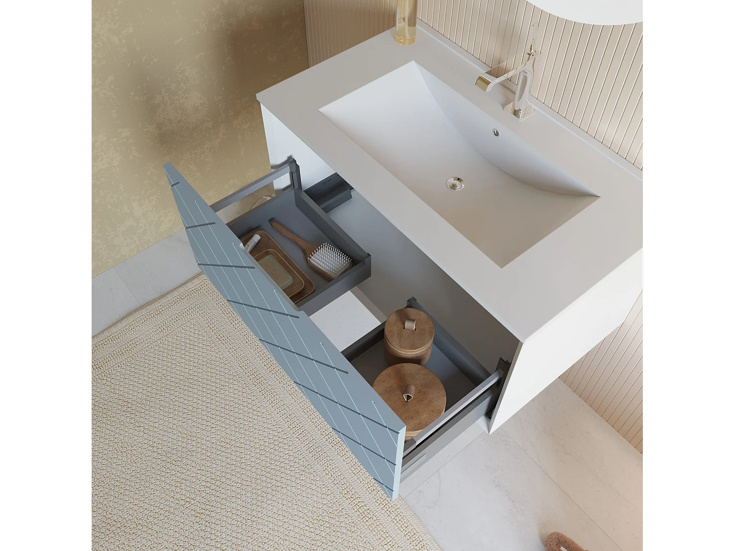Meuble De Salle De Bain 80 Cm Bleu Clair Mat Avec Lavabo Et Miroir Rond 75 Cm | Miami