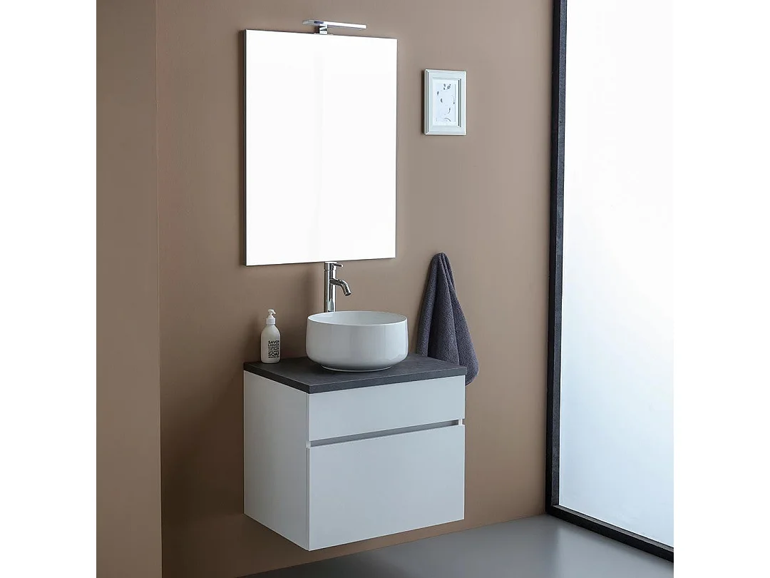 Meuble De Salle De Bains Suspendu 60Cm Avec Tiroir Blanc Et Dessus Anthracite | Sole