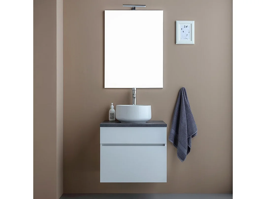Meuble De Salle De Bains Suspendu 60Cm Avec Tiroir Blanc Et Dessus Anthracite | Sole