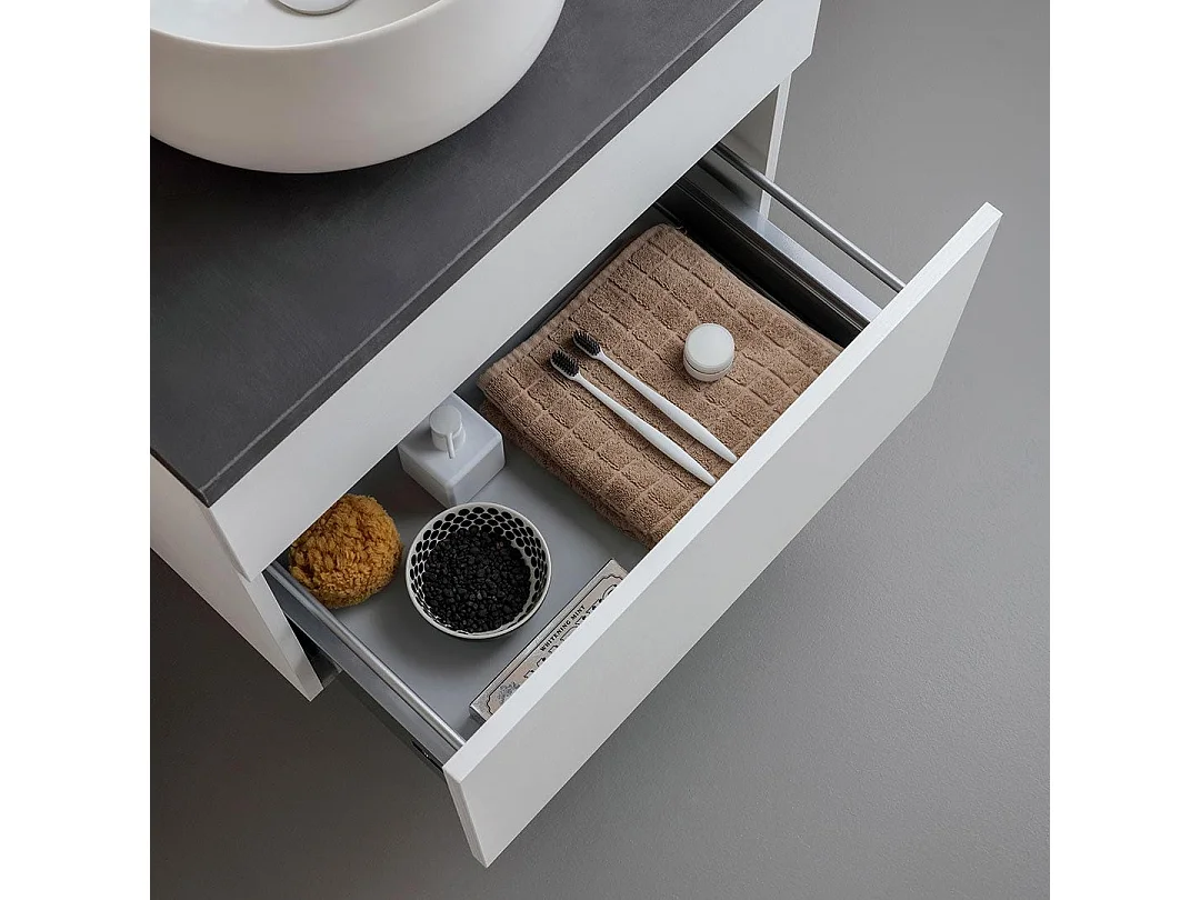 Meuble De Salle De Bains Suspendu 60Cm Avec Tiroir Blanc Et Dessus Anthracite | Sole