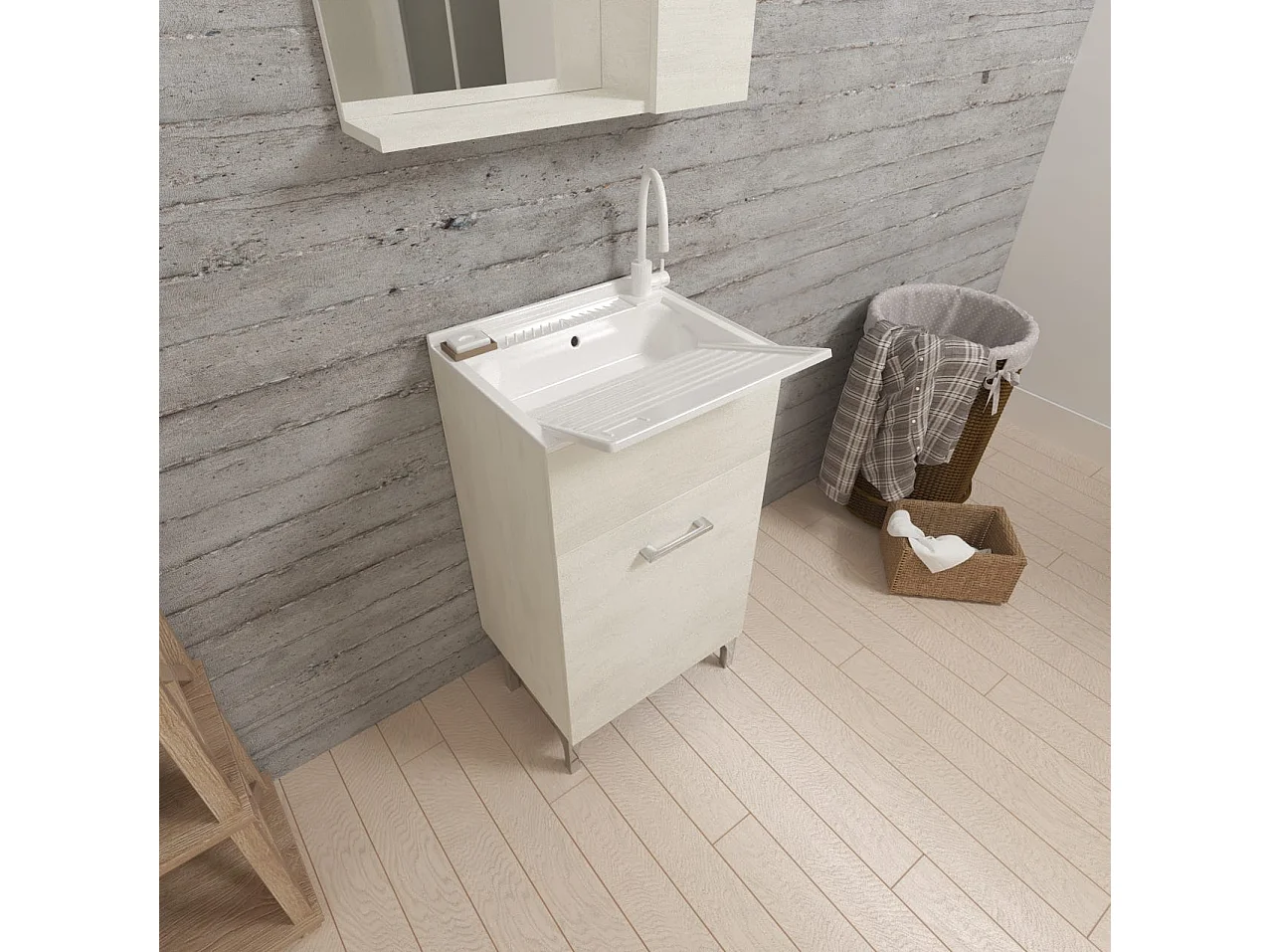 Meuble Lavoir 45X50 Chêne Blanc Avec Planche À Laver | Pratico