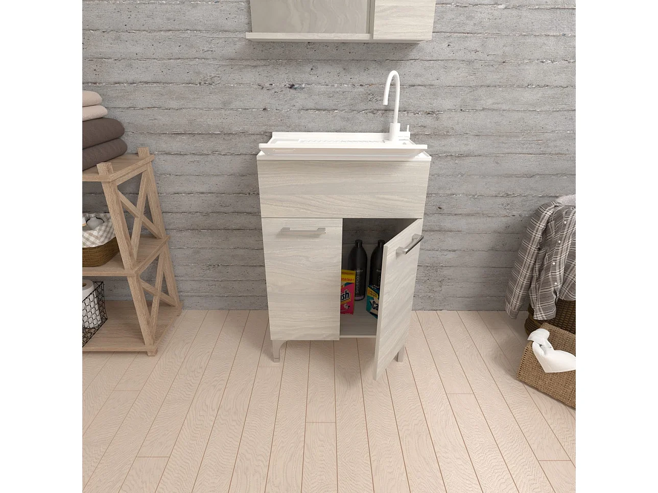 Lavoir Pour Buanderie 50Cm Avec Planche À Laver Et Portes En Chêne Gris | Pratico