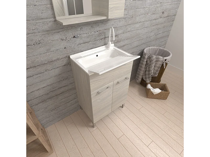 Lavoir Pour Buanderie 50Cm Avec Planche À Laver Et Portes En Chêne Gris | Pratico