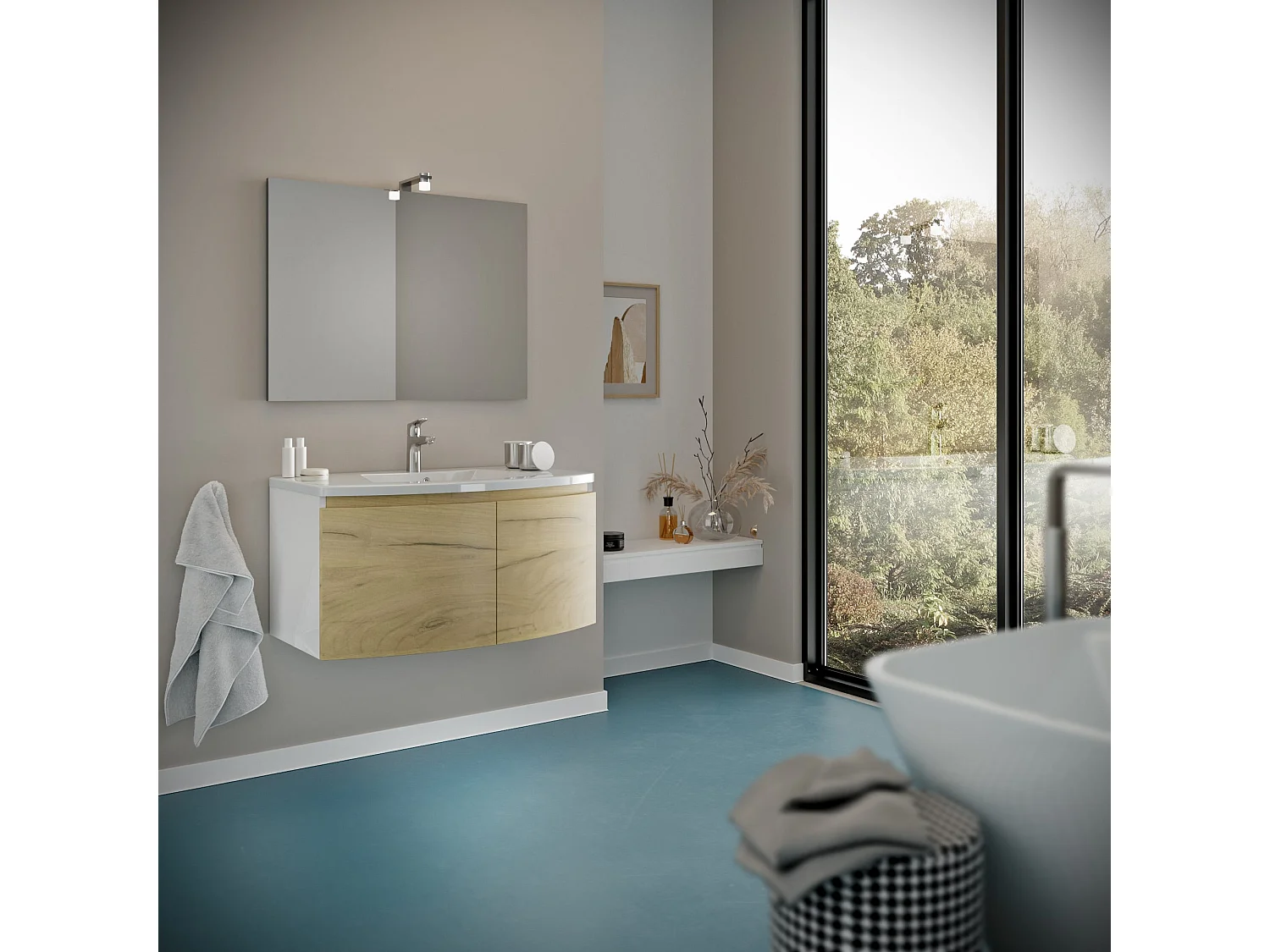 Meuble Lavabo De Salle De Bain Arrondi 80Cm Avec Structure En Blanc Et Portes En Chêne Miel | Garda
