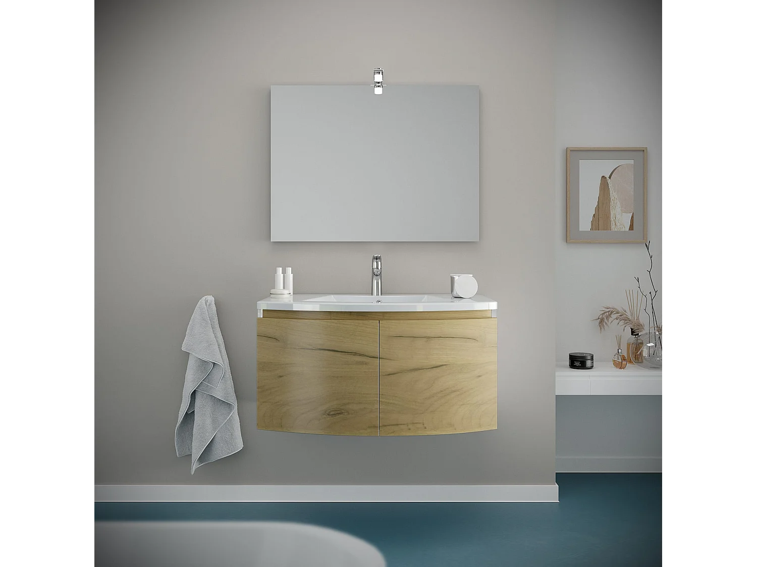 Meuble Lavabo De Salle De Bain Arrondi 80Cm Avec Structure En Blanc Et Portes En Chêne Miel | Garda