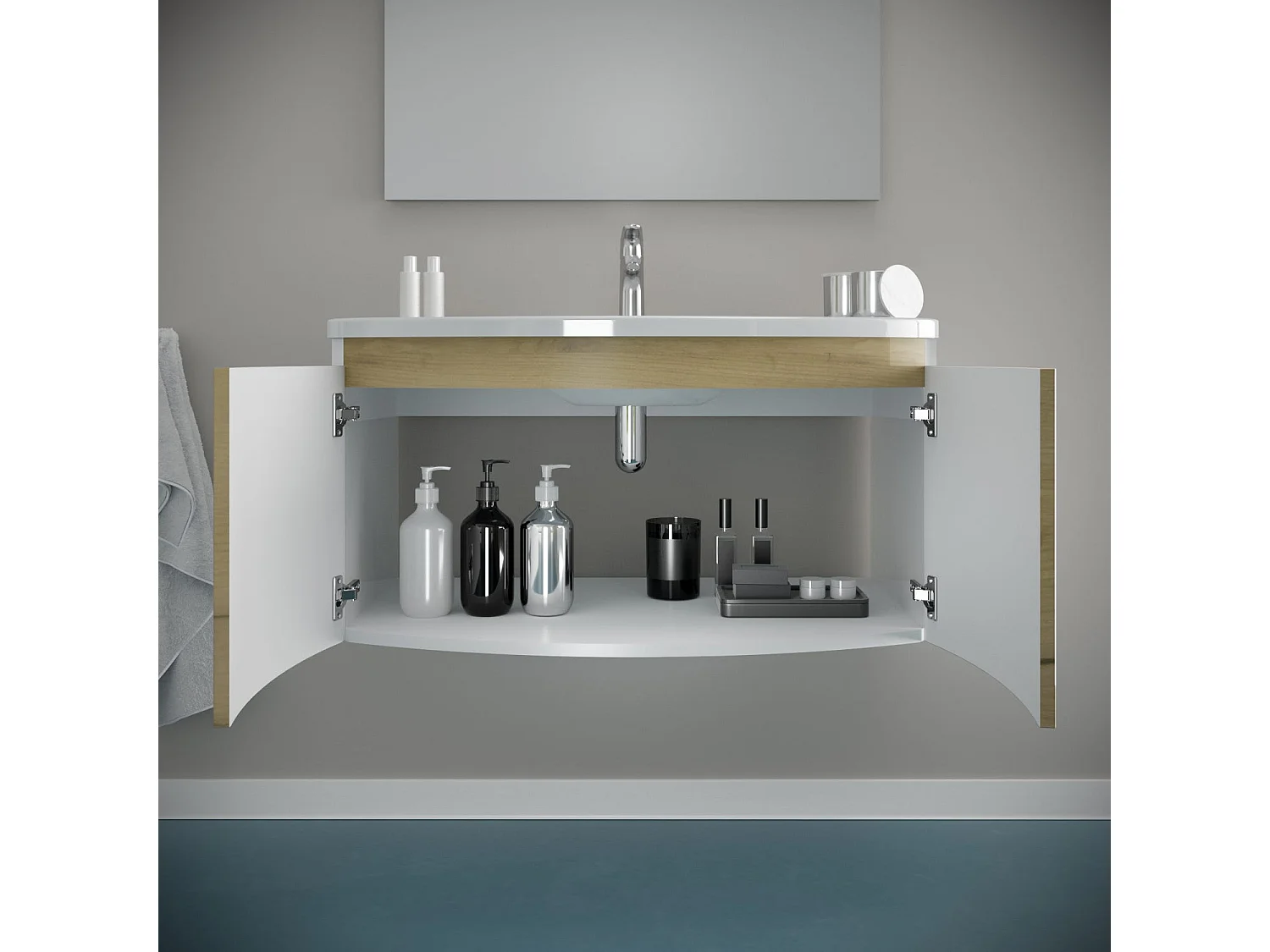 Meuble Lavabo De Salle De Bain Arrondi 80Cm Avec Structure En Blanc Et Portes En Chêne Miel | Garda