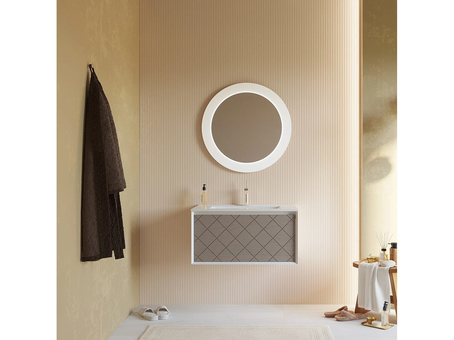 Meuble Lavabo 80Cm Avec Tiroir Gris Cendré Et Miroir Rond | Miami