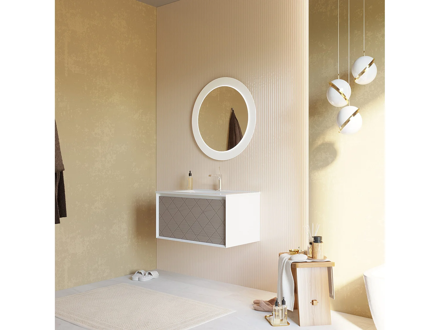 Meuble Lavabo 80Cm Avec Tiroir Gris Cendré Et Miroir Rond | Miami