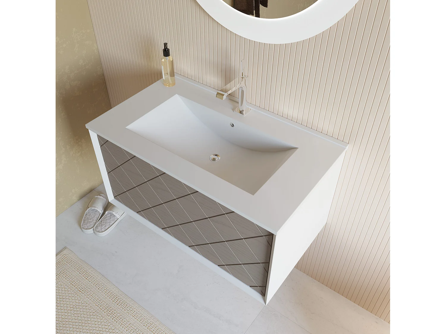 Meuble Lavabo 80Cm Avec Tiroir Gris Cendré Et Miroir Rond | Miami