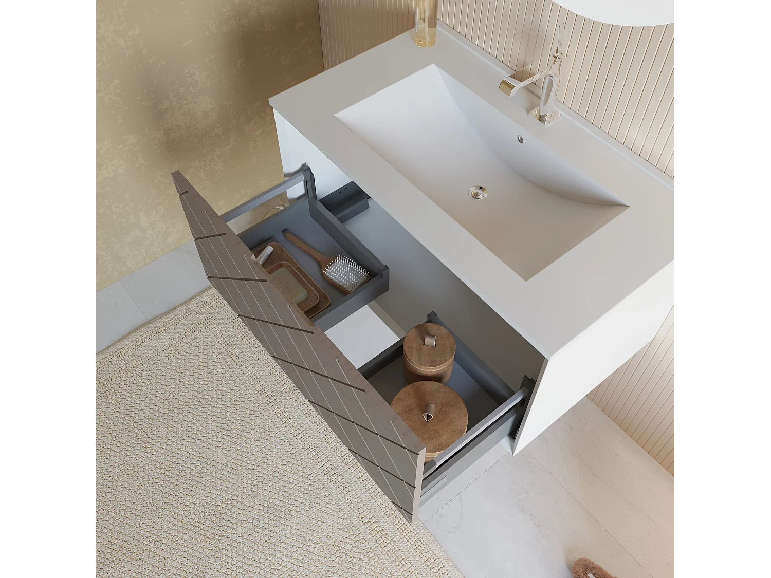 Meuble Lavabo 80Cm Avec Tiroir Gris Cendré Et Miroir Rond | Miami