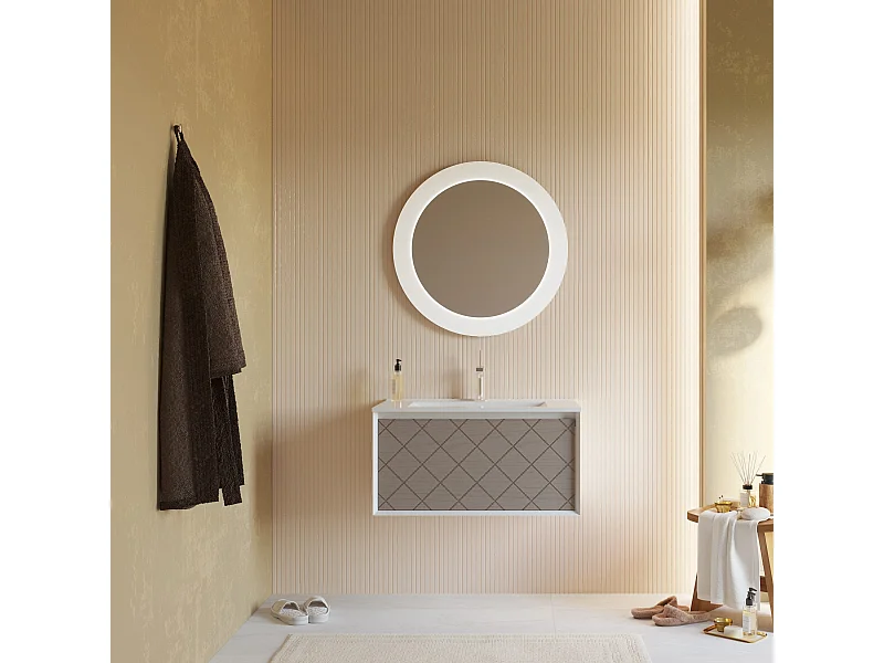 Meuble Lavabo 80Cm Avec Tiroir Gris Cendré Et Miroir Rond | Miami