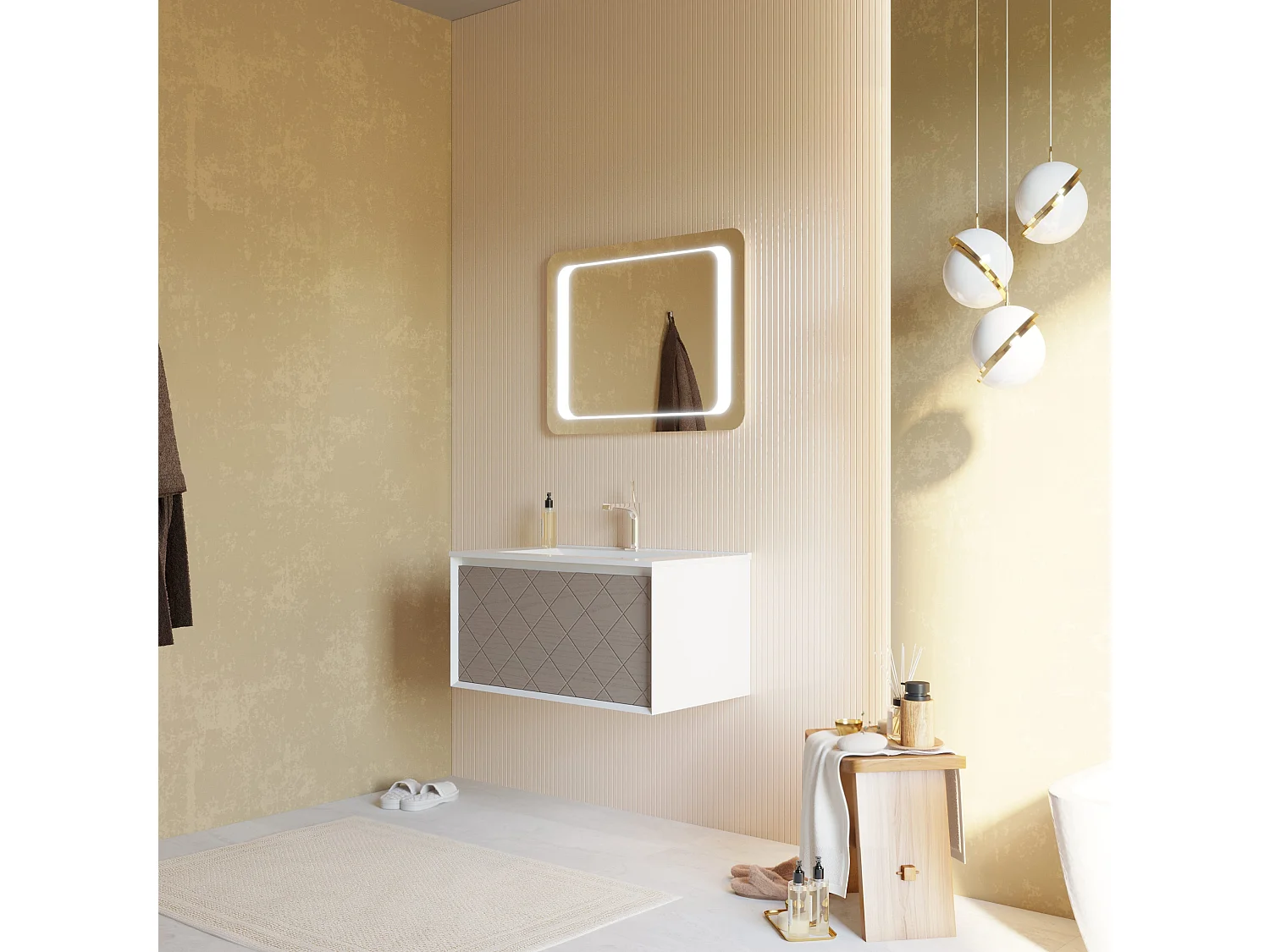 Meuble De Salle De Bain 80Cm Gris Clair Avec Lavabo En Céramique, Miroir 80X60 | Miami