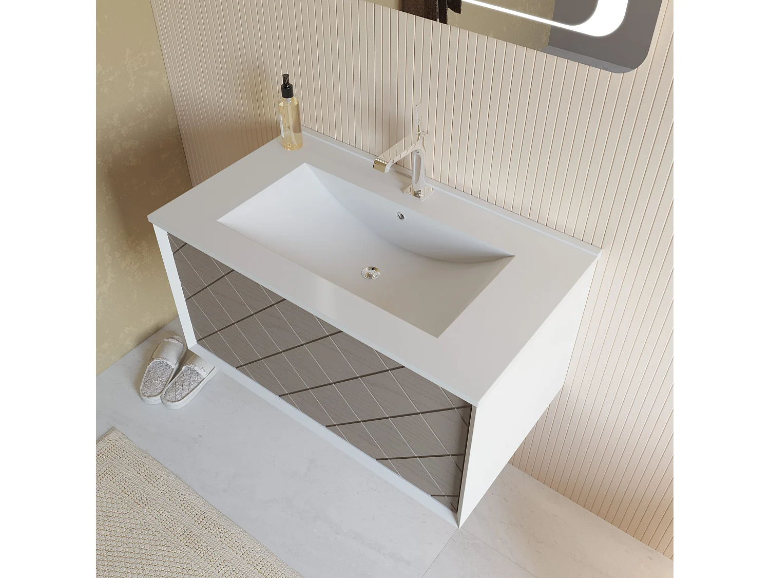 Meuble De Salle De Bain 80Cm Gris Clair Avec Lavabo En Céramique, Miroir 80X60 | Miami