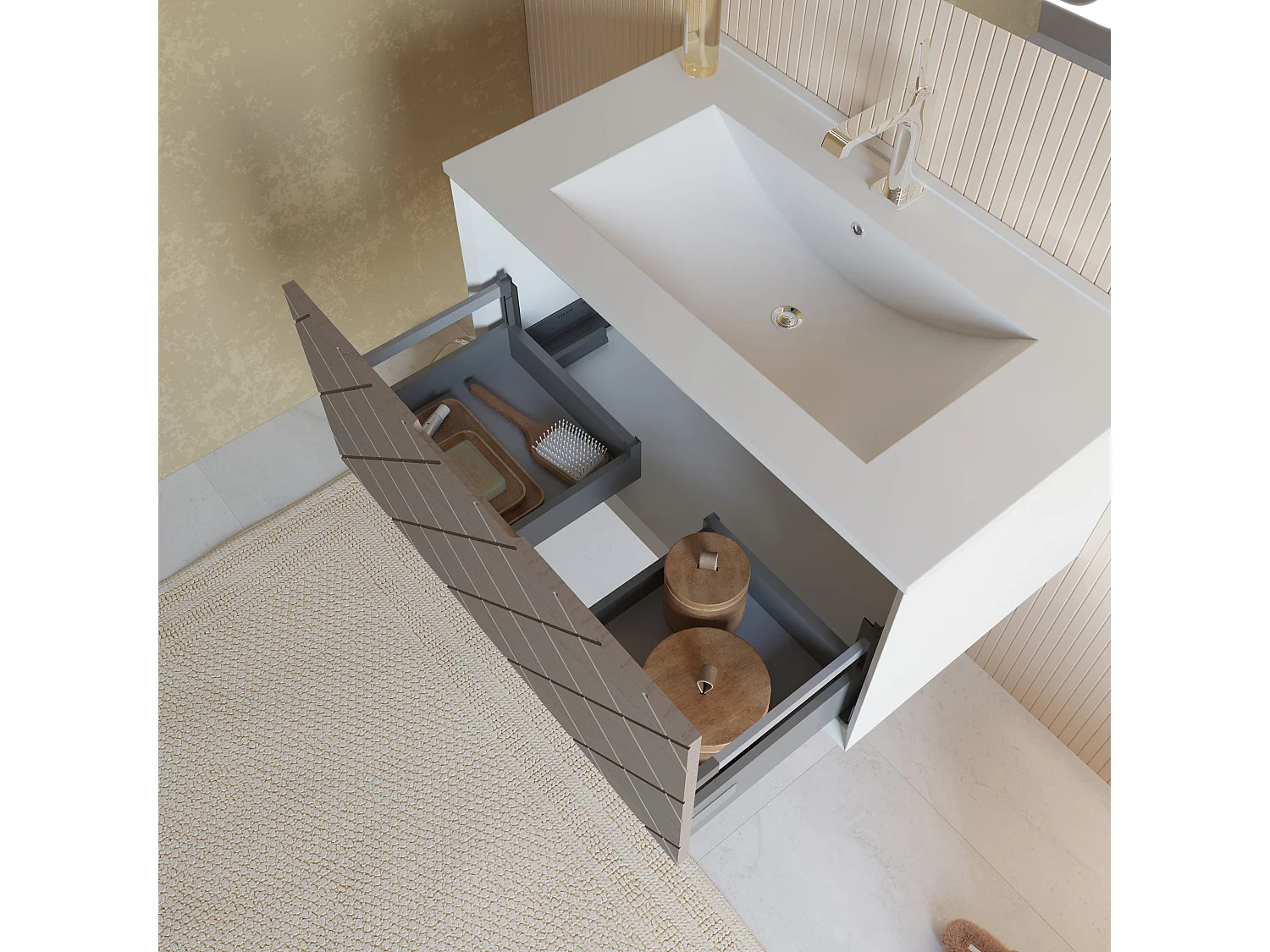 Meuble De Salle De Bain 80Cm Gris Clair Avec Lavabo En Céramique, Miroir 80X60 | Miami