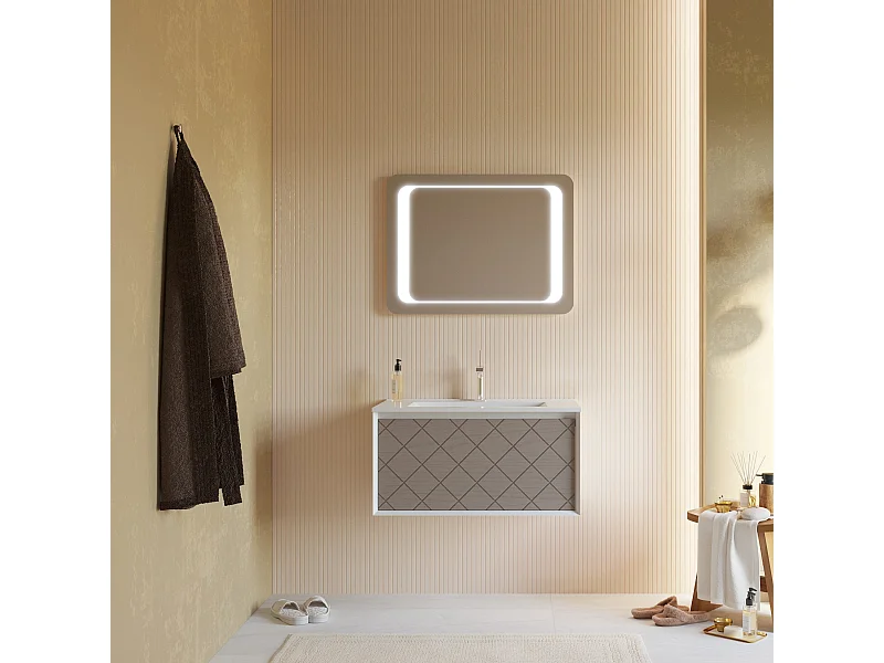 Meuble De Salle De Bain 80Cm Gris Clair Avec Lavabo En Céramique, Miroir 80X60 | Miami