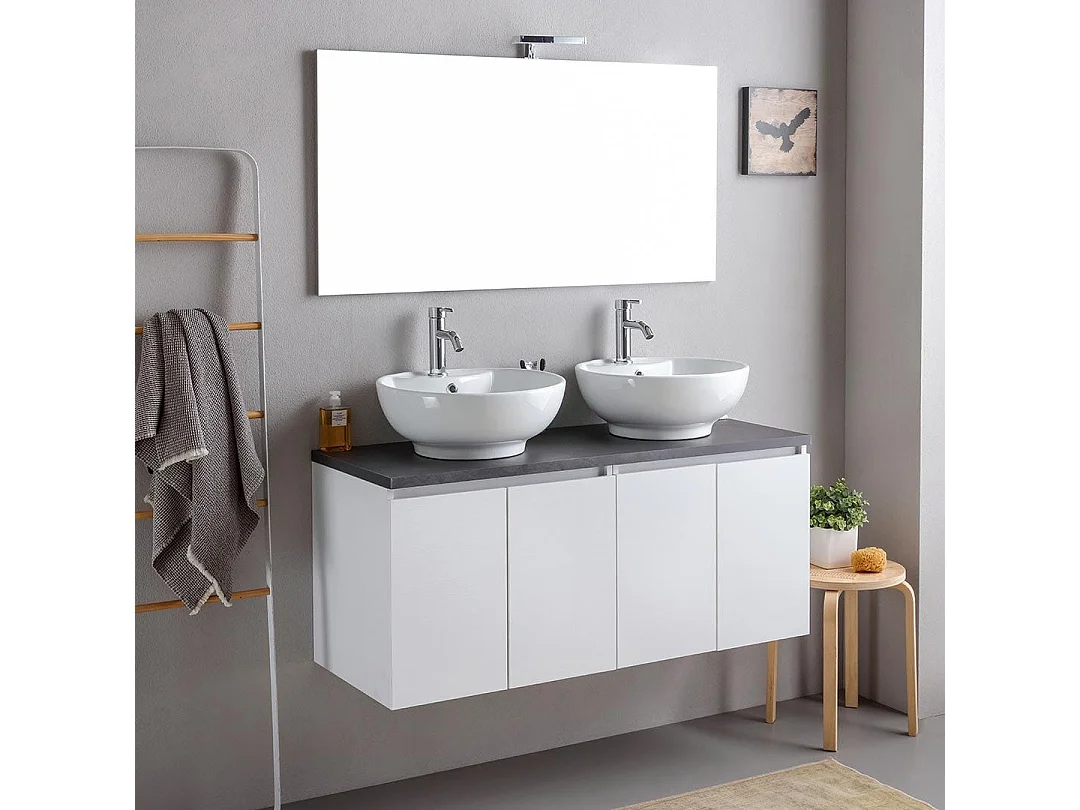 Meuble De Salle De Bains Suspendu 120Cm Blanc Bois Avec Plateau Anthracite Et Miroir | Bilbao