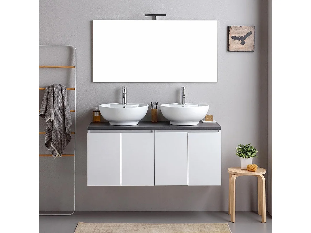 Meuble De Salle De Bains Suspendu 120Cm Blanc Bois Avec Plateau Anthracite Et Miroir | Bilbao
