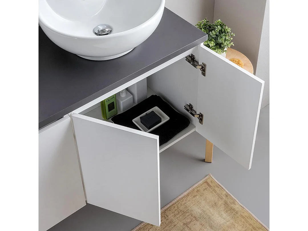 Meuble De Salle De Bains Suspendu 120Cm Blanc Bois Avec Plateau Anthracite Et Miroir | Bilbao