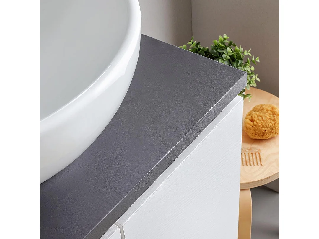 Meuble De Salle De Bains Suspendu 120Cm Blanc Bois Avec Plateau Anthracite Et Miroir | Bilbao