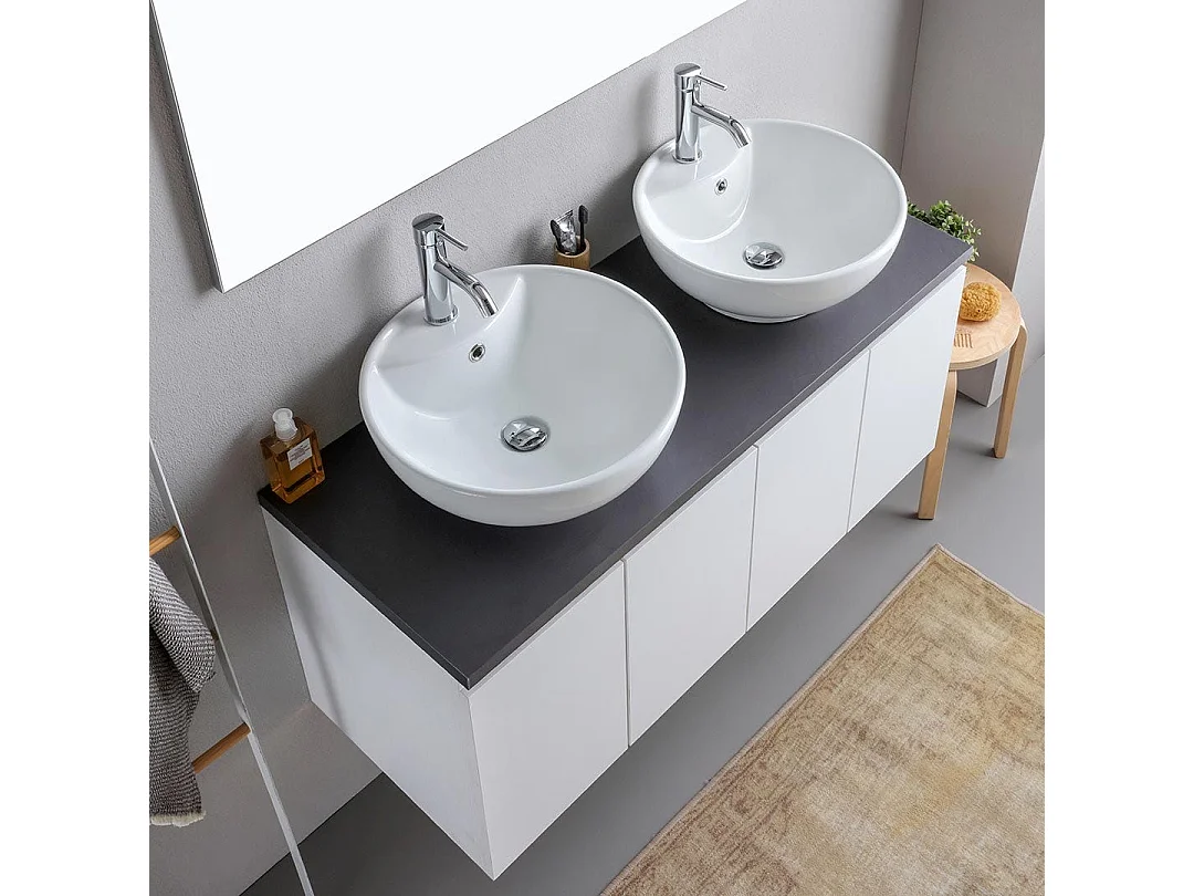 Meuble De Salle De Bains Suspendu 120Cm Blanc Bois Avec Plateau Anthracite Et Miroir | Bilbao