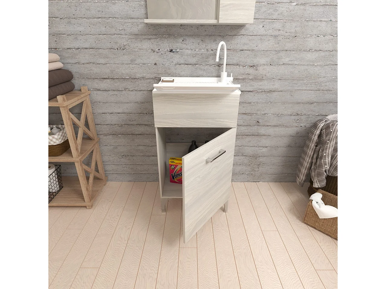 Meuble Lavoir Pour Buanderie 45Cm Avec 1 Porte En Chêne Gris | Pratico