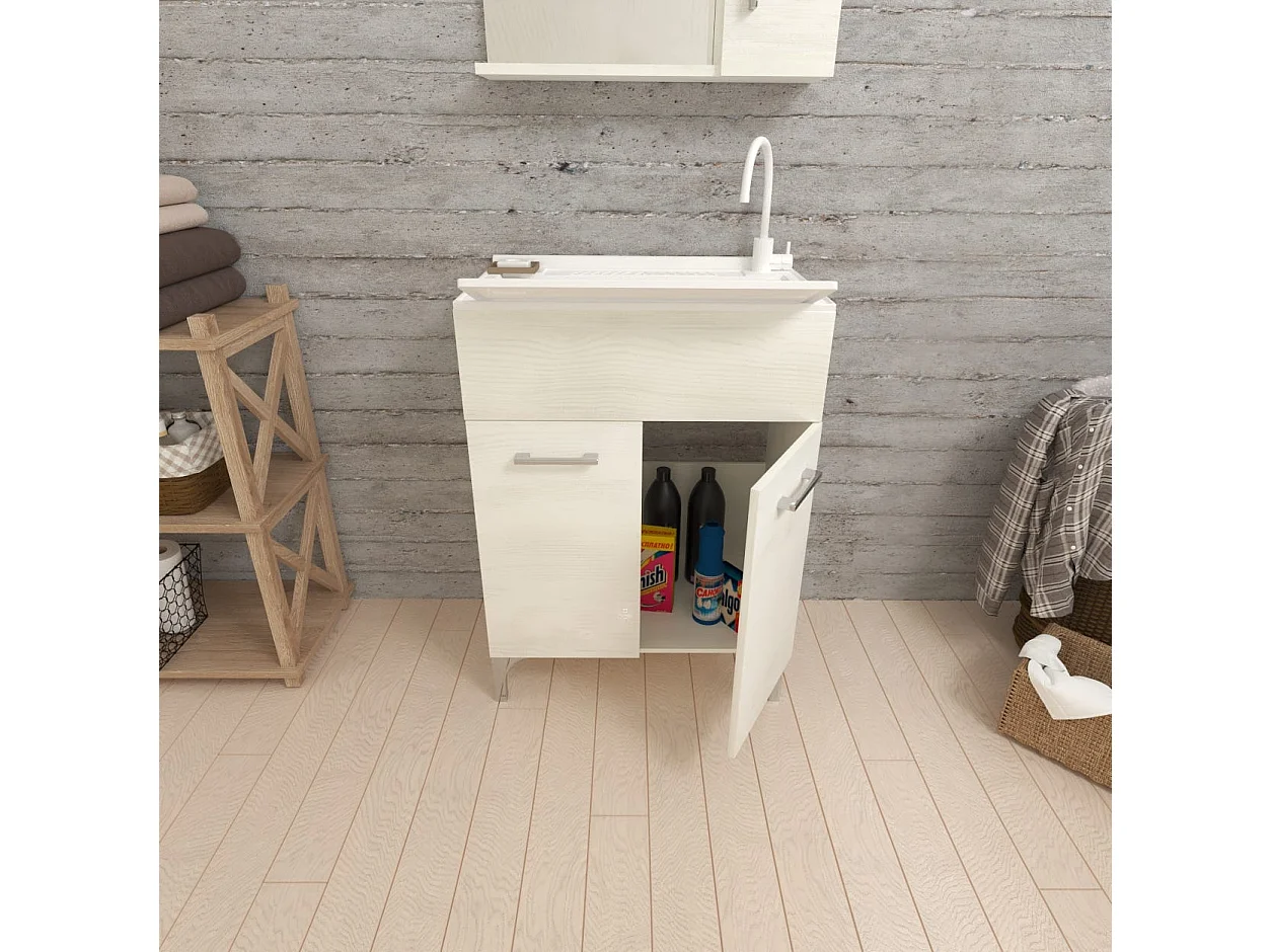 Meuble Buanderie Avec Lavoir 60Cm Avec Portes En Chêne Blanc | Pratico
