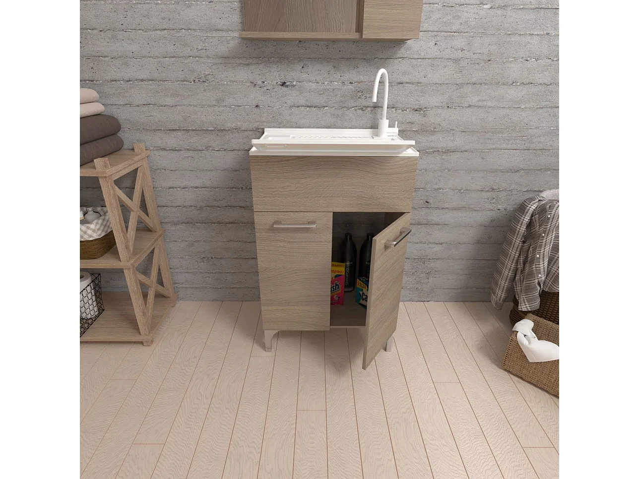 Lavoir 50X50 Avec Portes En Chêne Naturel Et Planche À Laver | Pratico