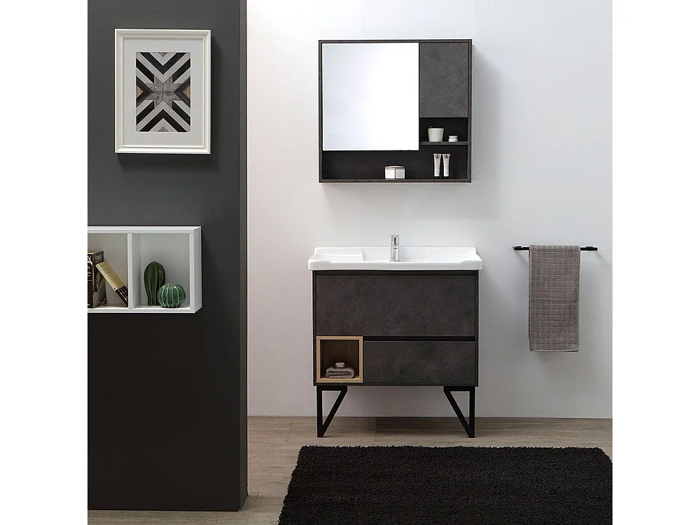 Meuble De Salle De Bain Sur Pieds 82Cm Gris Industriel Et Miroir-Armoire | Vienna