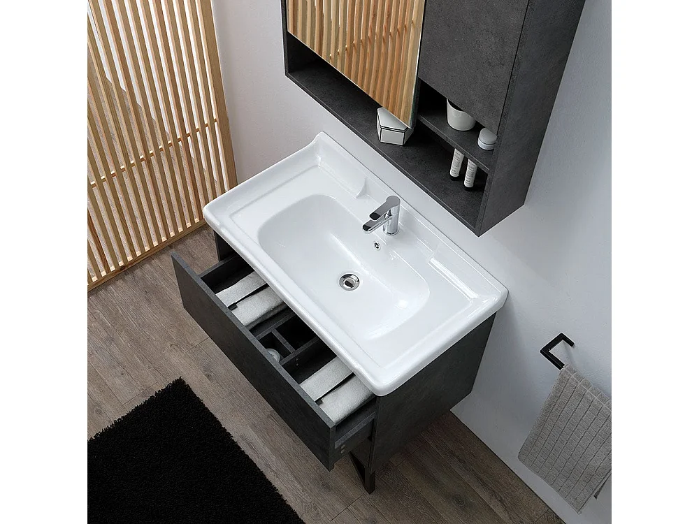 Meuble De Salle De Bain Sur Pieds 82Cm Gris Industriel Et Miroir-Armoire | Vienna