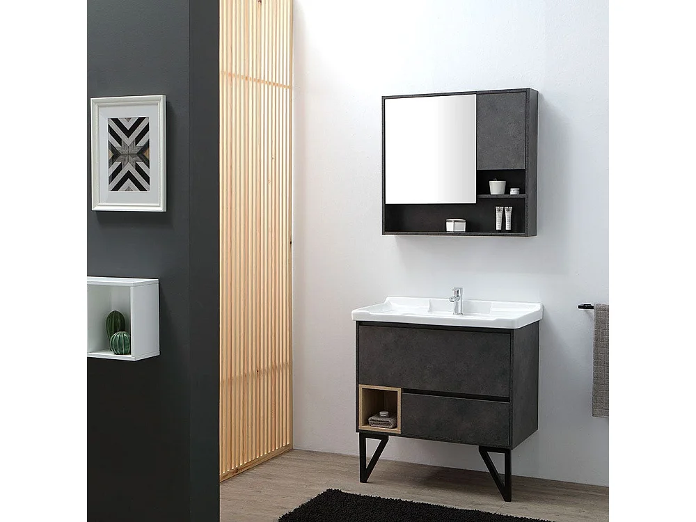 Meuble De Salle De Bain Sur Pieds 82Cm Gris Industriel Et Miroir-Armoire | Vienna