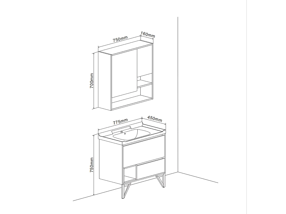 Meuble De Salle De Bain Sur Pieds 82Cm Gris Industriel Et Miroir-Armoire | Vienna