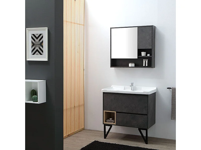 Meuble De Salle De Bain Sur Pieds 82Cm Gris Industriel Et Miroir-Armoire | Vienna