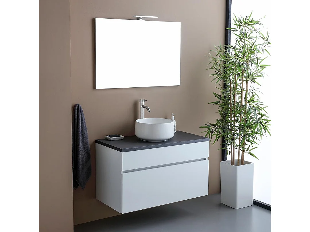 Meuble Sous-Lavabo 90Cm Blanc Avec Plateau Anthracite | Sole