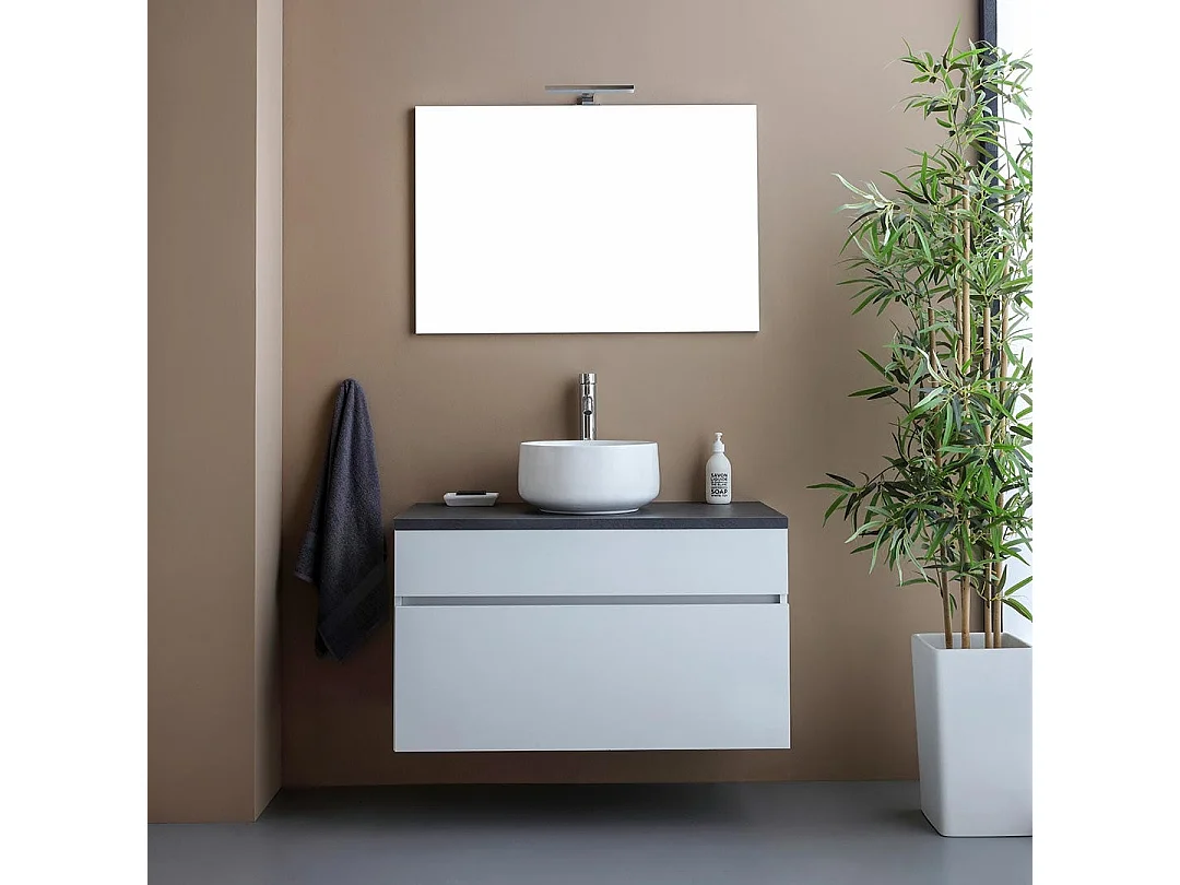 Meuble Sous-Lavabo 90Cm Blanc Avec Plateau Anthracite | Sole