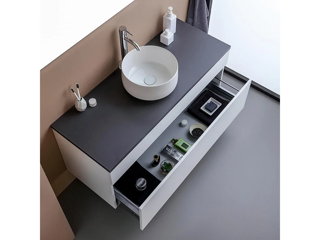 Meuble Sous-Vasque De Salle De Bain 120Cm Blanc En Bois Avec Plateau Anthracite | Sole