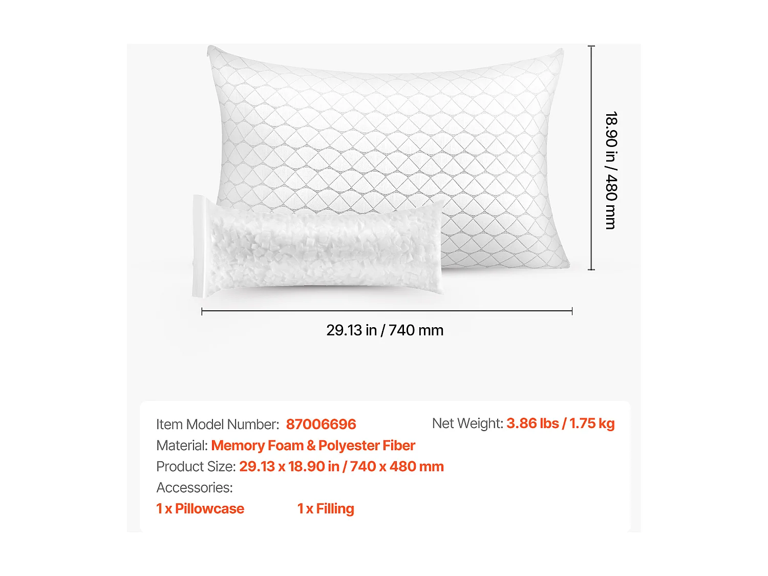 Oreiller en Mousse à Mémoire de Forme SucceBuy, 74 x 48 cm, avec Housse en Fibre Naturelle Amovible Lavable, Bon Maintien, Confort Optimal, Blanc