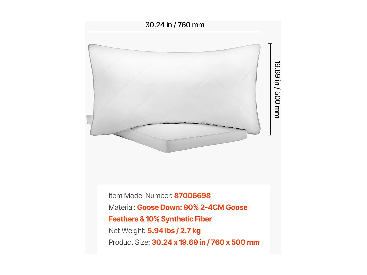 Oreiller en Duvet SucceBuy, Lot de 2, 76 x 50 cm, avec Housse en Coton, Garnissage en Duvet et Plume d'Oie et Fibre Synthétique, Bon Maintien, Confort Optimal