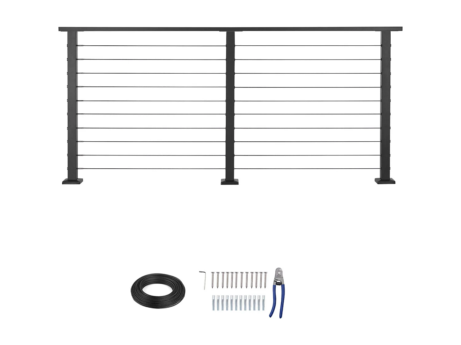 Kit Garde-corps à Câble SucceBuy 198 cm, Rampe de Balcon en Acier Inoxydable Noir Mat, Garde-corps à Poteaux 89 cm de Hauteur, Espacement des Câbles 8 cm