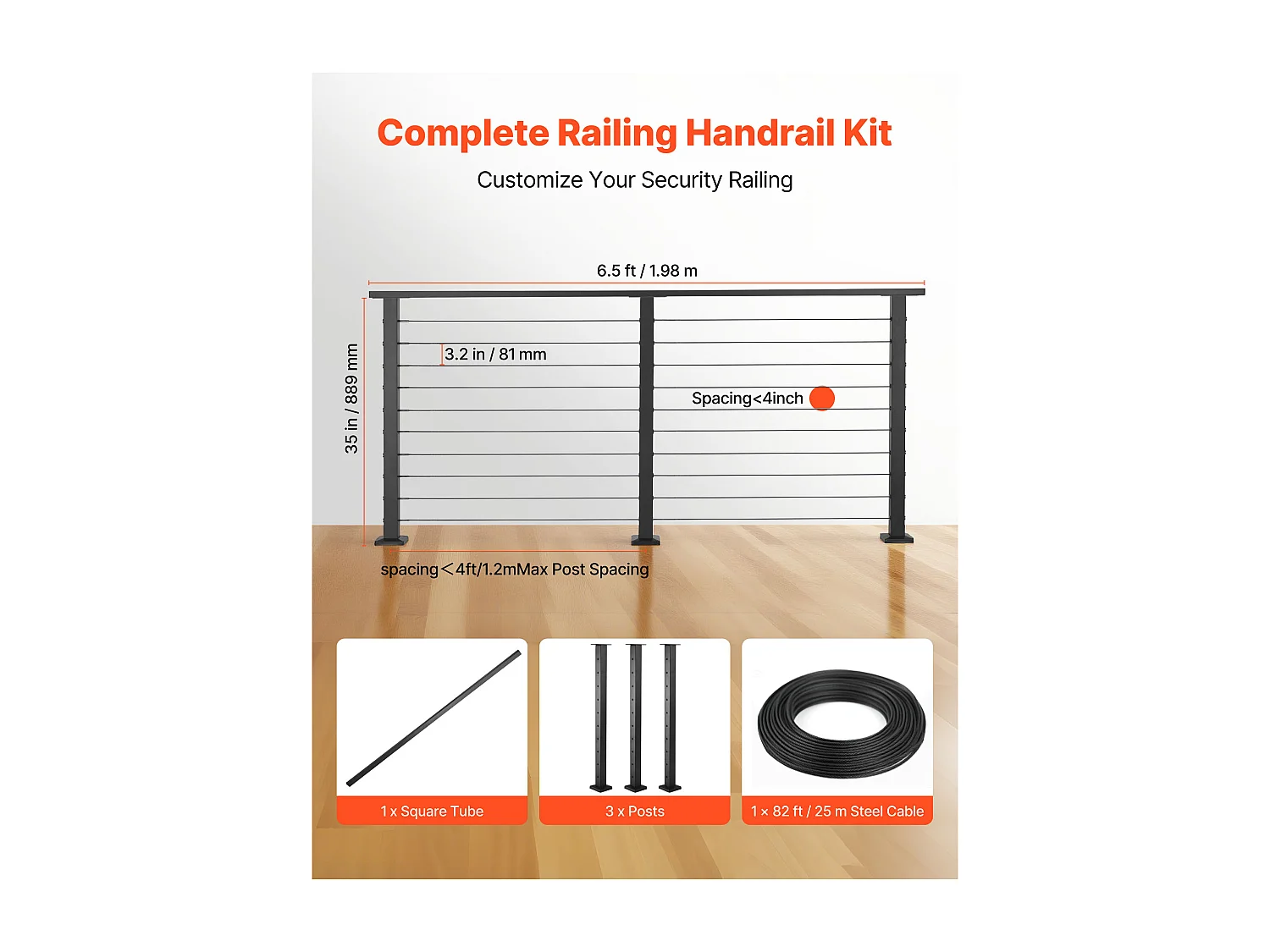 Kit Garde-corps à Câble SucceBuy 198 cm, Rampe de Balcon en Acier Inoxydable Noir Mat, Garde-corps à Poteaux 89 cm de Hauteur, Espacement des Câbles 8 cm