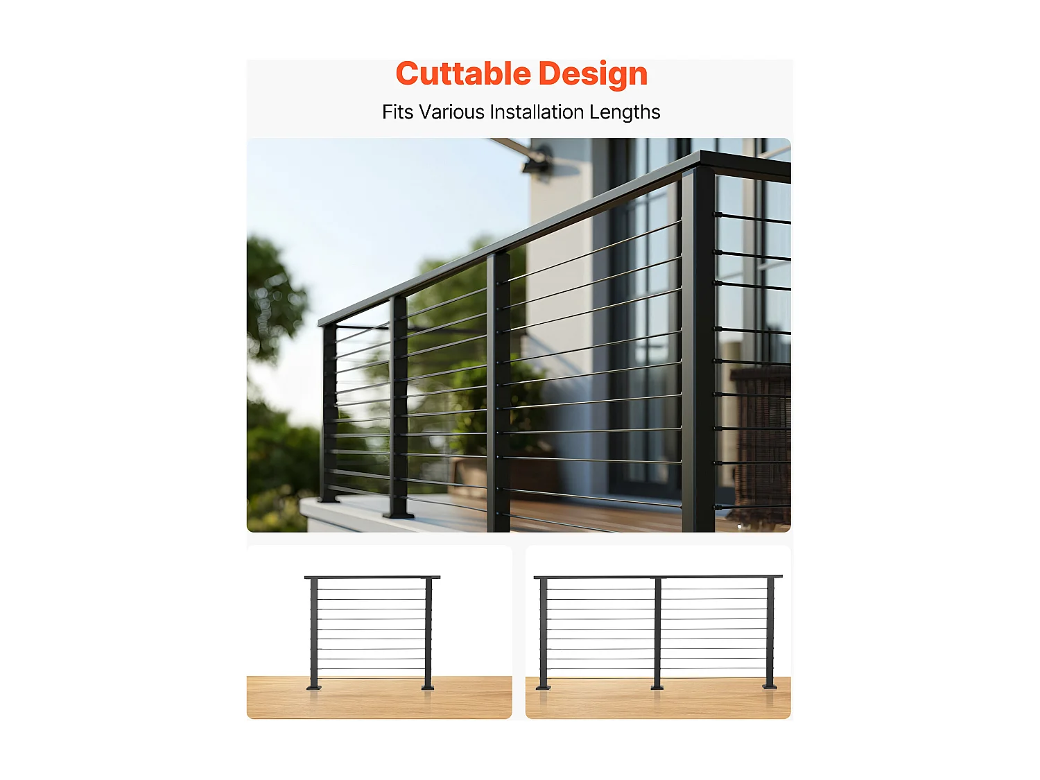 Kit Garde-corps à Câble SucceBuy 198 cm, Rampe de Balcon en Acier Inoxydable Noir Mat, Garde-corps à Poteaux 89 cm de Hauteur, Espacement des Câbles 8 cm