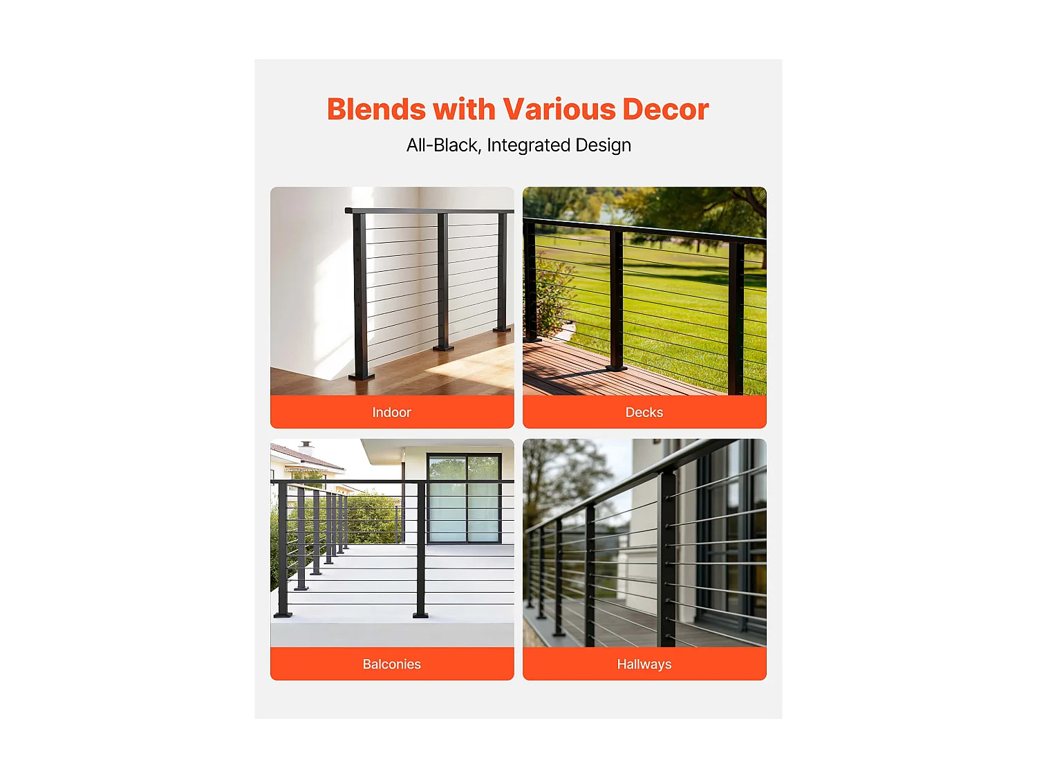 Kit Garde-corps à Câble SucceBuy 198 cm, Rampe de Balcon en Acier Inoxydable Noir Mat, Garde-corps à Poteaux 89 cm de Hauteur, Espacement des Câbles 8 cm