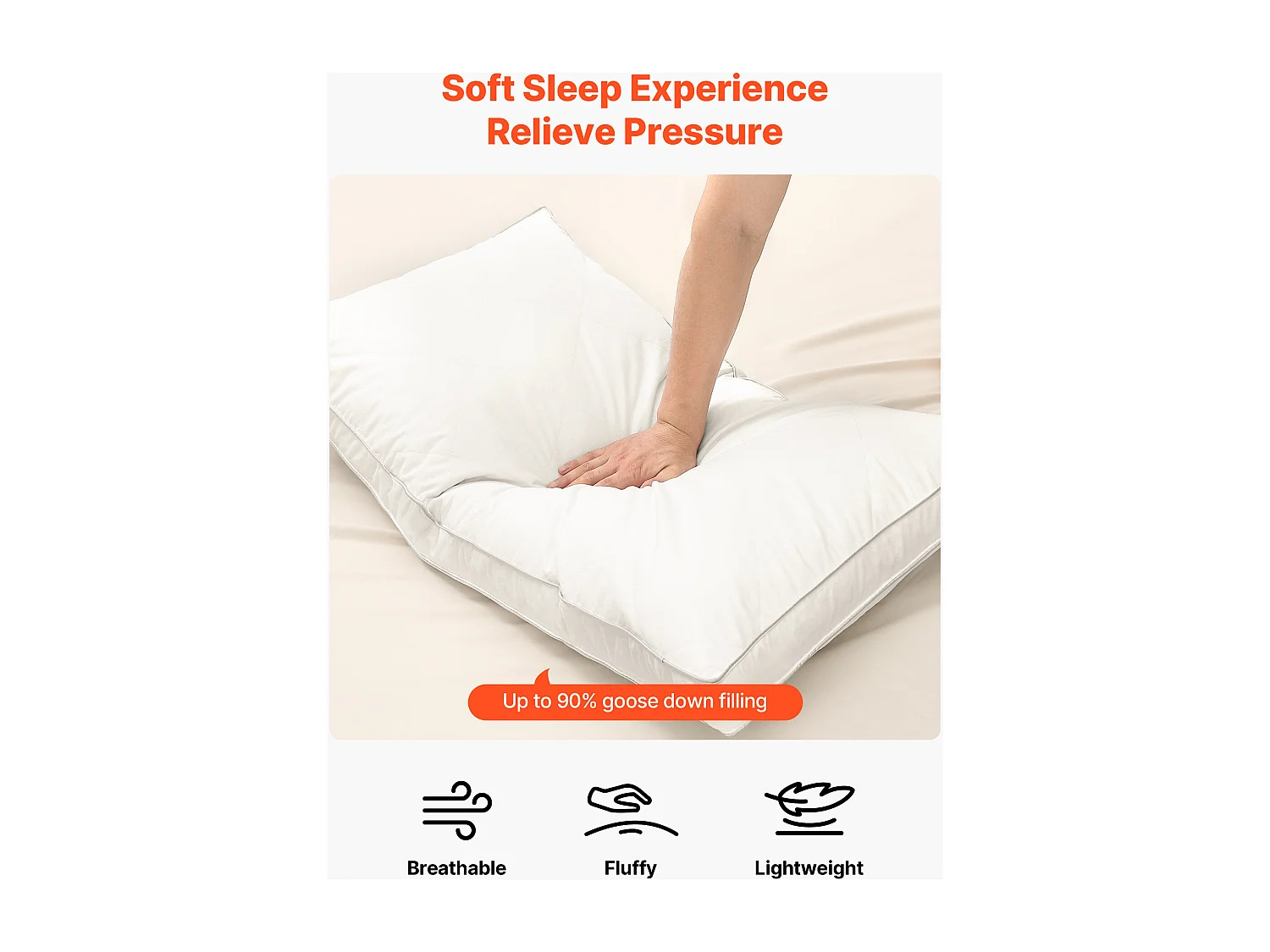 Oreiller en Duvet SucceBuy, Lot de 2, 91 x 50 cm, avec Housse en Coton, Garnissage en Duvet et Plume d'Oie et Fibre Synthétique, Bon Maintien, Confort Optimal