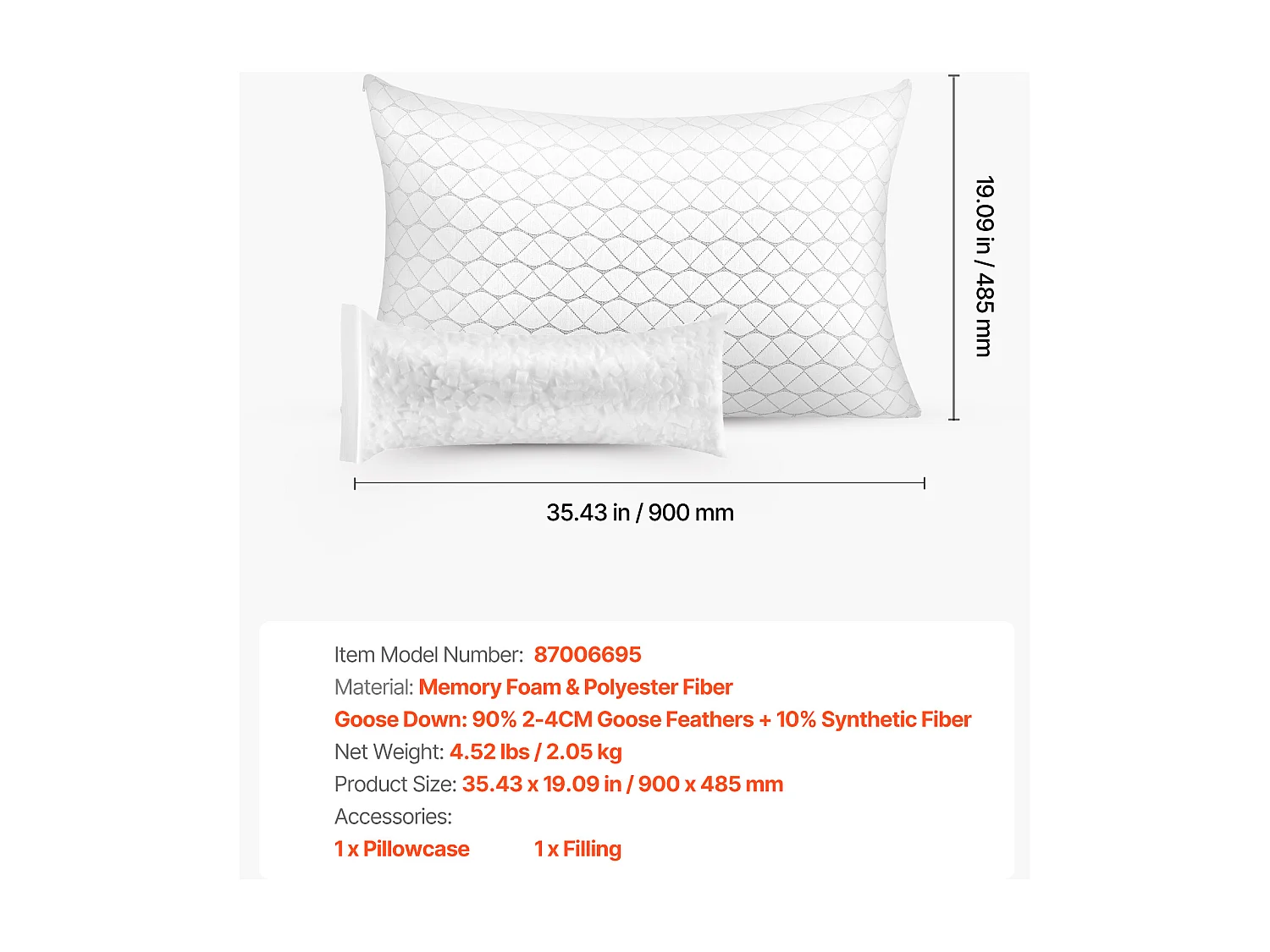 Travesseiro de Espuma com Memória SucceBuy, 90 x 48,5 cm, com Capa de Fibra Natural Removível Lavável, Bom Suporte, Conforto Ótimo, Branco