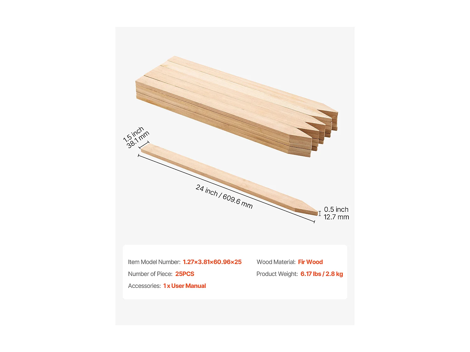 Tuinhek Palen SucceBuy in Hout, Set van 25, Houten Palen met Punt 1.27 x 3.81 x 60.96 cm, Palen voor Erosiebestendige Hekken, Afbakenen van Zones
