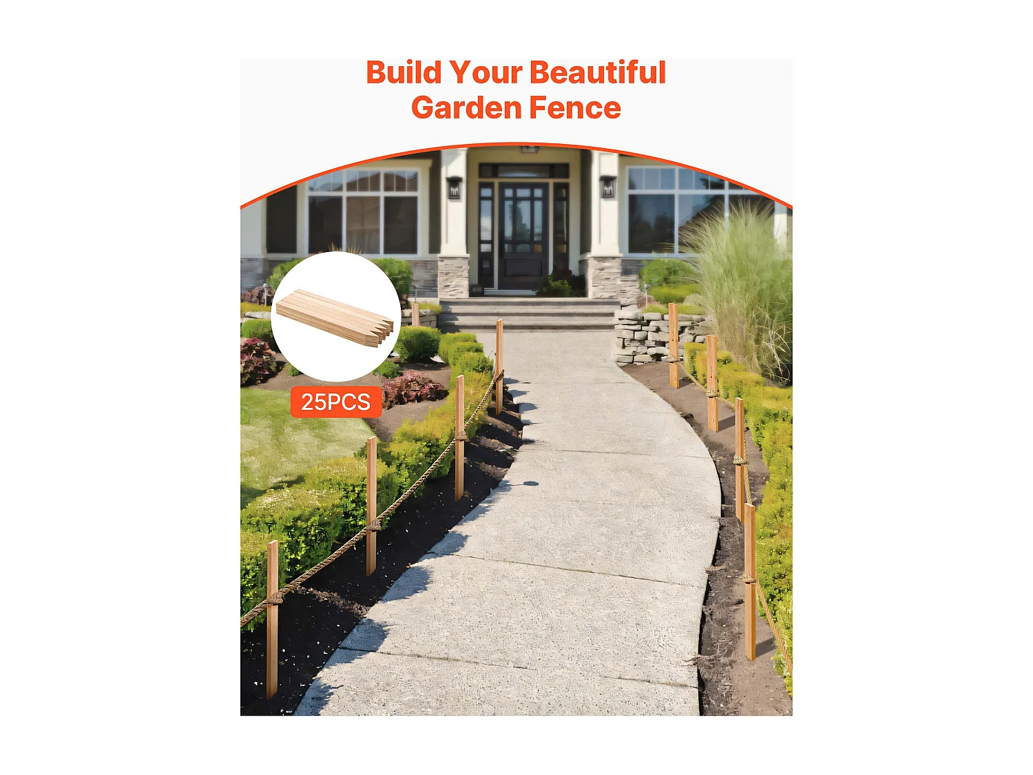 Piquets de Clôture Jardin SucceBuy en Bois, Lot de 25, Poteaux Bois à Pointe 1.27 x 3.81 x 60.96 cm, Piquets pour Clôtures Anti-érosion, Délimiter les Zones