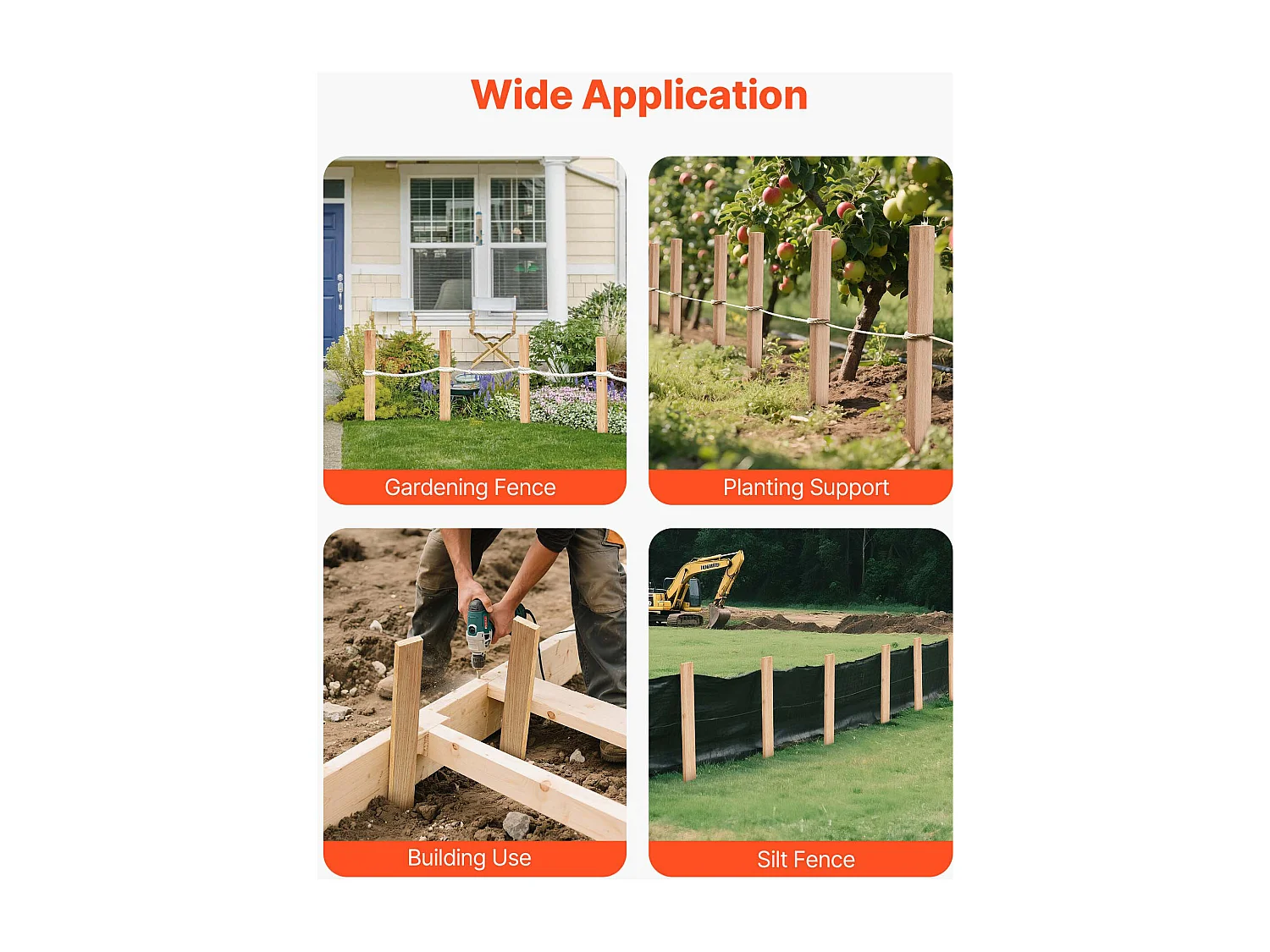 Piquets de Clôture Jardin SucceBuy en Bois, Lot de 25, Poteaux Bois à Pointe 1.27 x 3.81 x 60.96 cm, Piquets pour Clôtures Anti-érosion, Délimiter les Zones