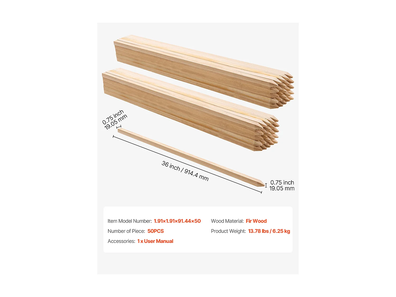 Piquets de Clôture Jardin SucceBuy en Bois, Lot de 50, Poteaux Bois à Pointe 1.9 x 1.9 x 91.4 cm, Piquets pour Clôtures Anti-érosion, Délimiter les Zones