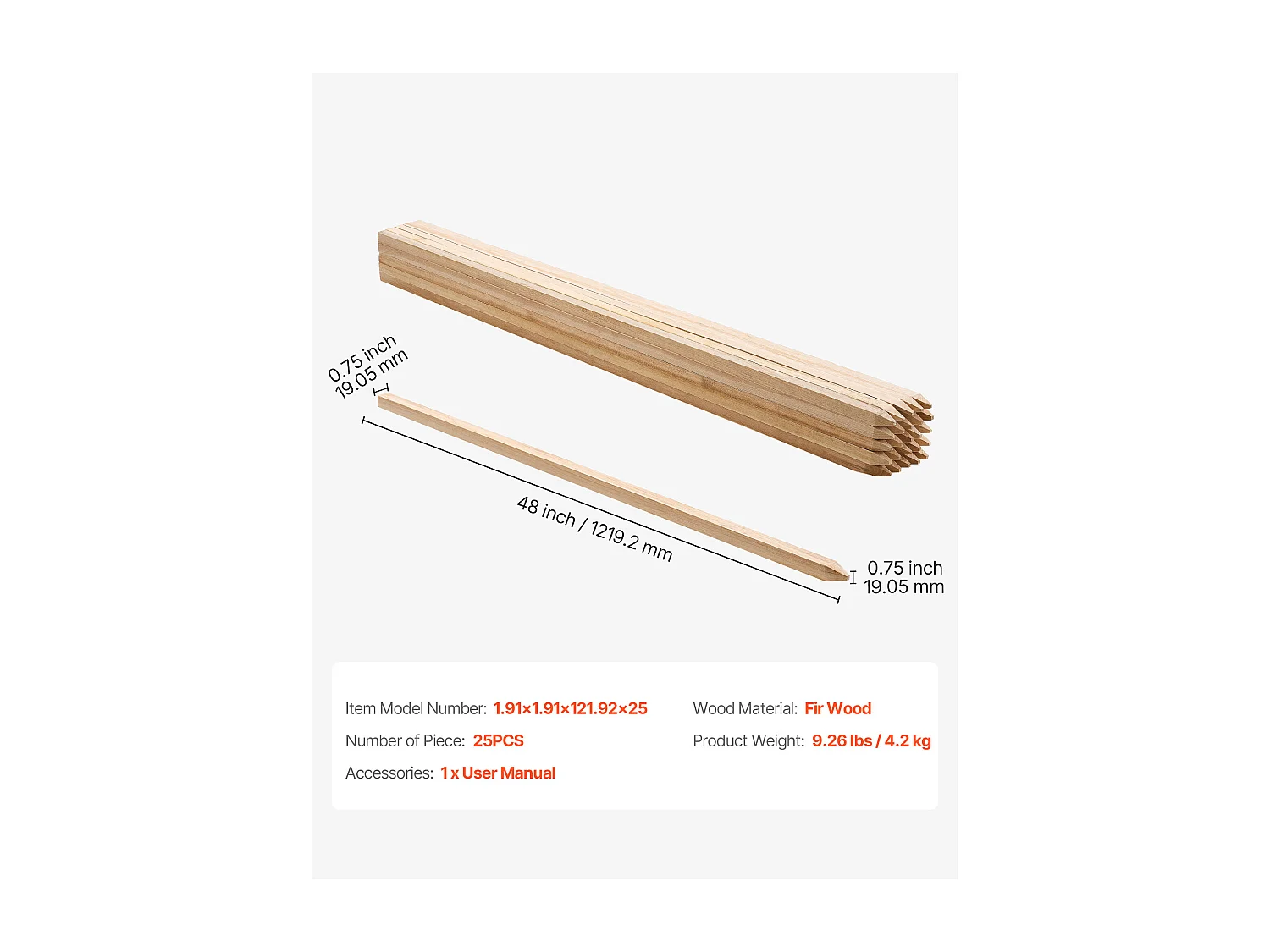 Piquets de Clôture Jardin SucceBuy en Bois, Lot de 25, Poteaux Bois à Pointe 1.9 x 1.9 x 121.9 cm, Piquets pour Clôtures Anti-érosion, Délimiter les Zones